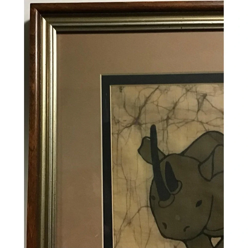 Vintage‎ African Rhino Batik Fabric Art Framed Textile Rhinoceros Tribal Decor
